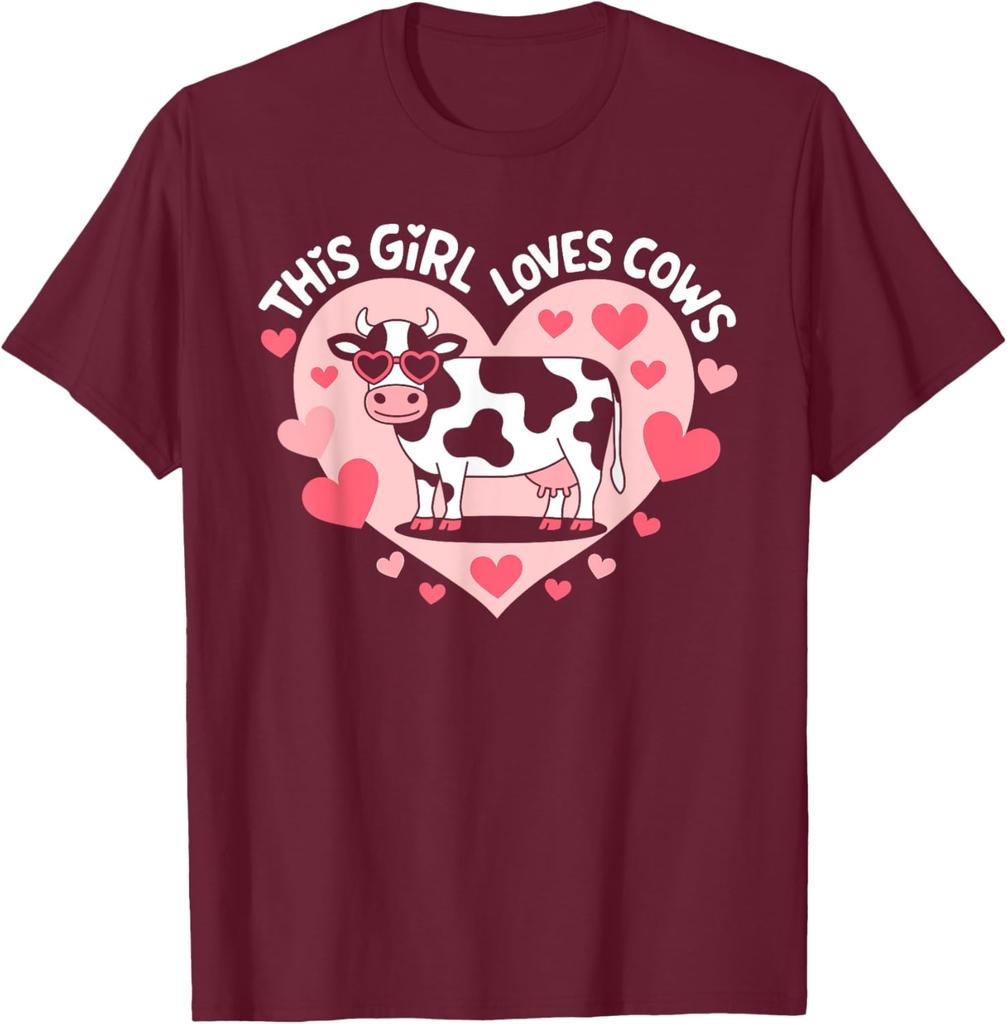 Cute Cartoon Cow Heart Graphic Tee This Girl Loves Cows Farm Animal T-Shirt Unisex Print Machine Washable