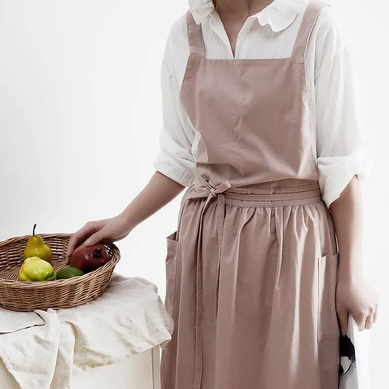 Brief Nordic Wind Pleated Skirt Cotton Linen Apron Women Girls Vintage Apron Gardening Works Cross Back Pinafore Dress