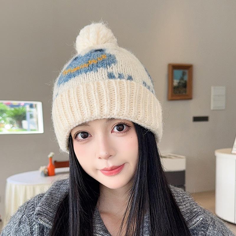 New Cute Jacquard Frog Fur Ball Woolen Hat for Women Autumn and Winter Warm Ear Protection Knitted Hat for Men