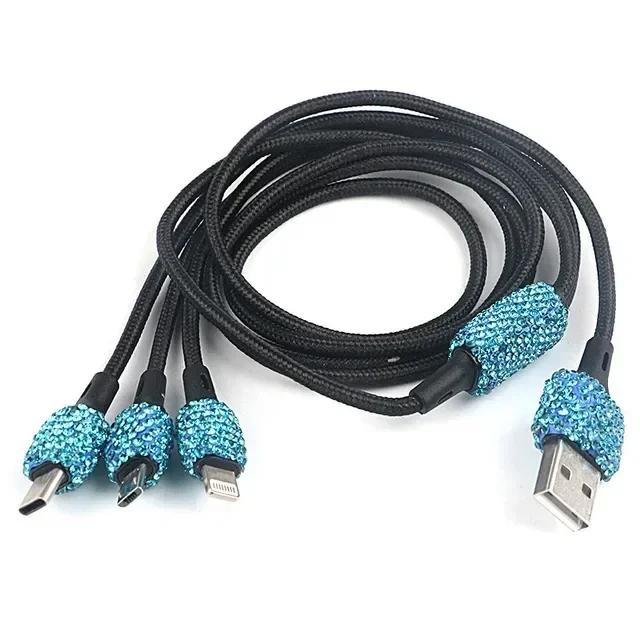 USB Car Charger Bling Bling Handmade Rhinestones Crystal Car Decorations for 3-in-1 5V 2.1A Car Decors for IPhone/Samsung