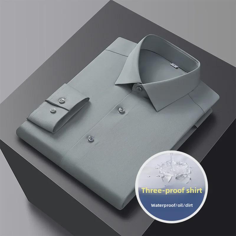 Men's Solid Color Three-Proof High-End Stretch Shirt - Non-Iron, Long Sleeve, Professional Formal Wear, Spring Collection.