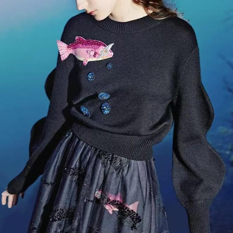 2024 Autumn/Winter Round Neck Goldfish Sequin Embroidered Wave Sleeve Slim Knitwear for Women