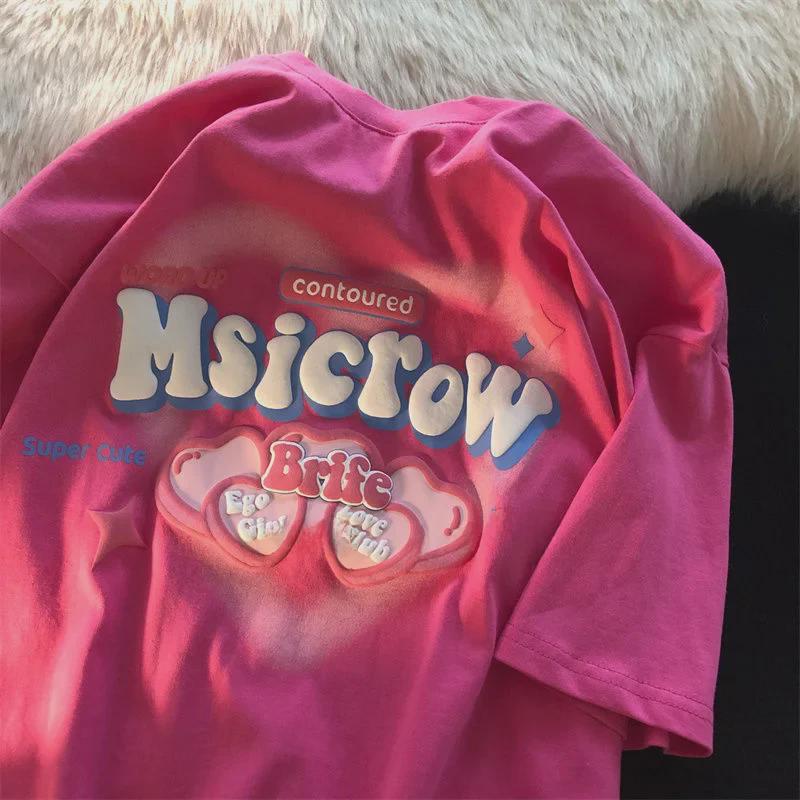 

Женская футболка оверсайз с прямыми плечами, с коротким рукавом, лето 2025, новый американский стиль, модный парный наряд для лучших подруг XL розы красного