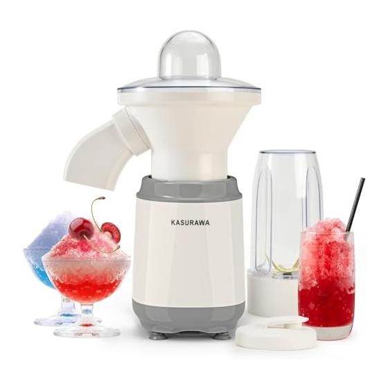 Shaved ice machine, electric shaved ice machine, loose ice, commercially available ice, can shave frozen fruit as is, smoothie mixer with bowl,