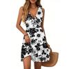 Women's Dress V-neck Sleeveless Casual Floral Print Hem Pleated Dress
