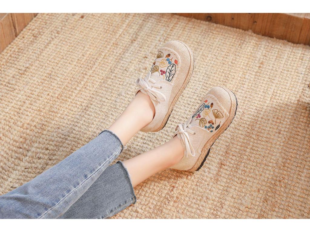 DX-23 Women's Autumn Linen Casual Shoes - Ethnic Embroidery, Lace-up Design