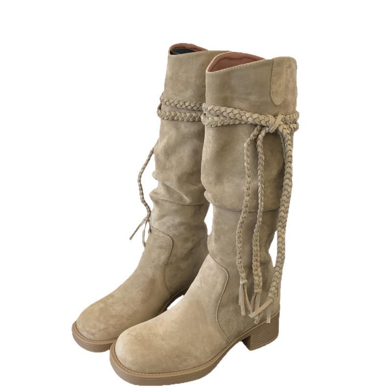 2025 tassel thick heel medium and high boots western cowboy boots women's stacking boots