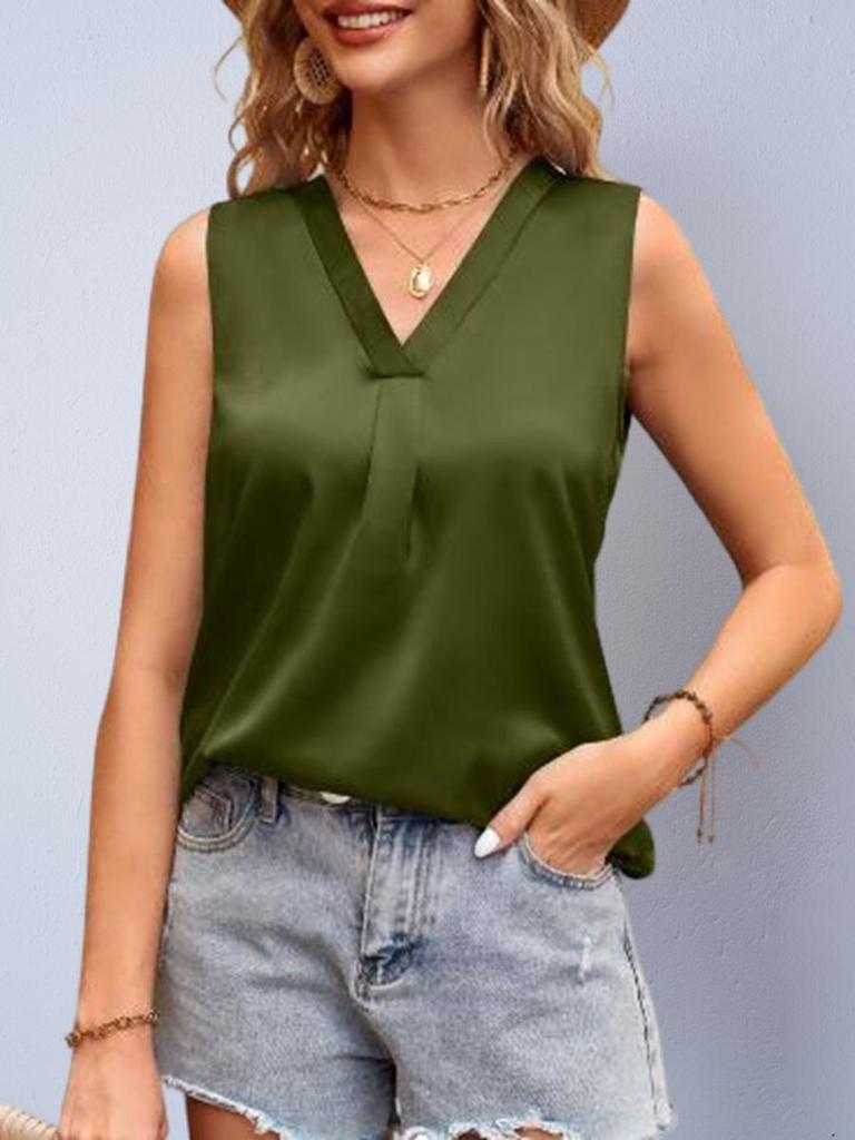 SHEIN Women's Imitation Silk V-Neck Sleeveless Satin Shirt - Spring/Autumn Style