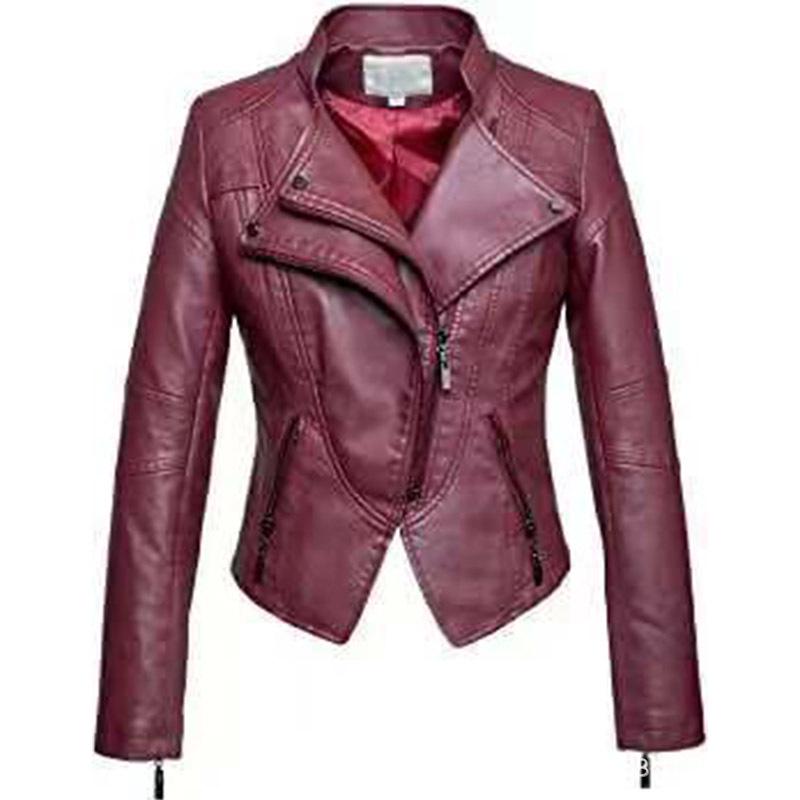 Women s European American Fashion Slim Leather Motorcycle Jacket, Versatile Retro Style with Zipper. XL вино красного