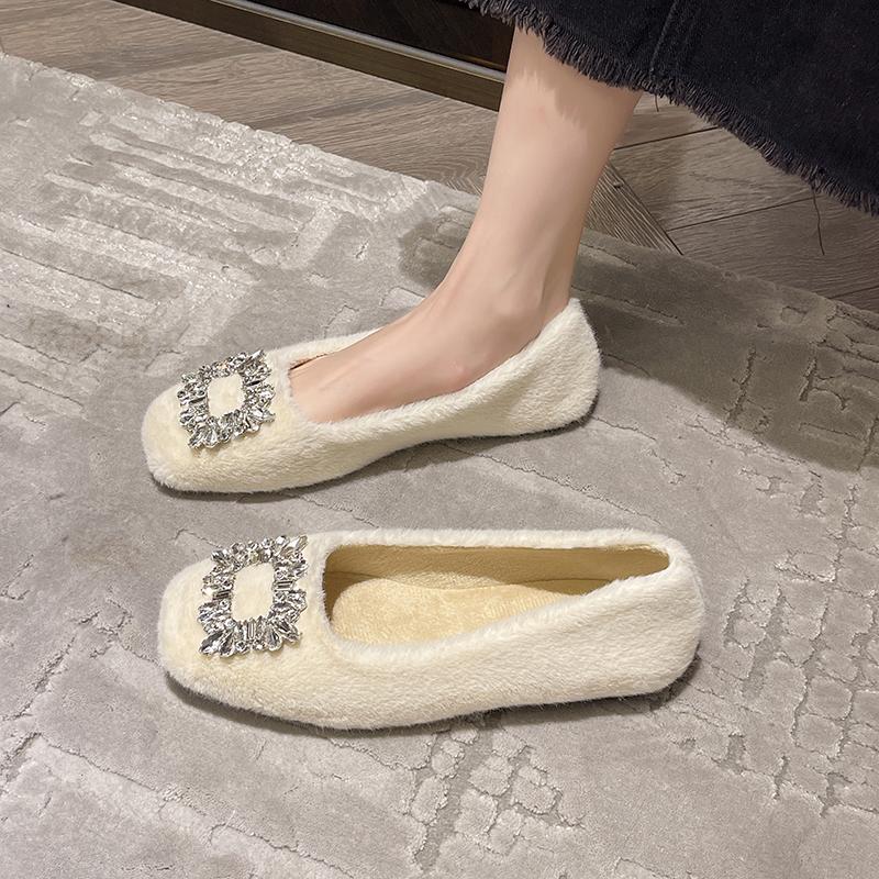 Fashion Winter Shoes Women Autumn Crystal Casual Female Sneakers Elegant Loafers Fur Buckle Flats Fall Boat Rhinestone New Dress