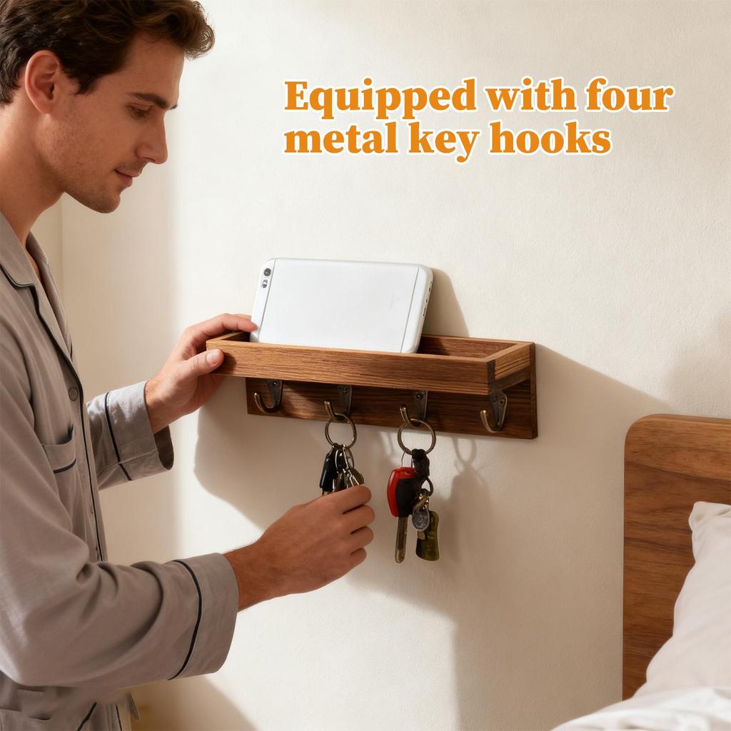 Rustic Wooden Key Holder with 4 Hooks Storage Tray Easy Install Wall-Mounted Organizer for Keys Mail and More for Bedroom Office