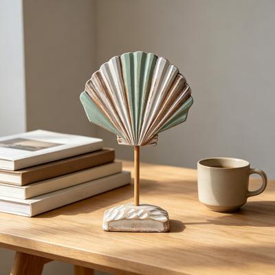 Summer Wooden Shell Ornament with Base Handmade Coastal Seashell Shape Figurine Beach Ocean Tabletop Centerpiece for Living Room Bathroom