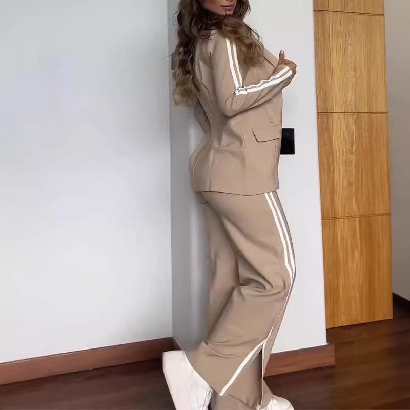 Women's set autumn and winter casual long-sleeved lapel striped blazer and straight pants two-piece set