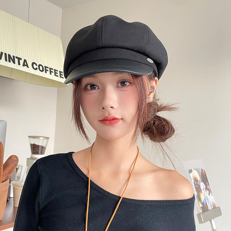 Japanese Woolen Beret Women's Autumn and Winter All Match Duck Tongue Octagonal Hat Korean Version of The Little Painter's Newsboy Hat with A Face