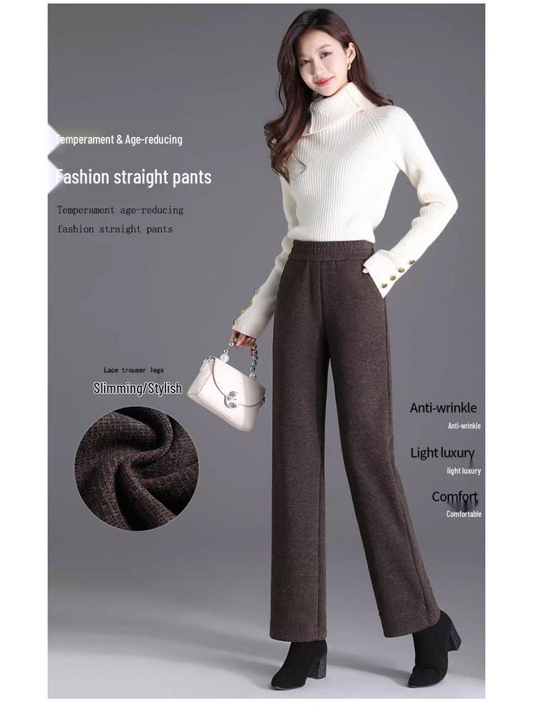 Pantalones de Lana de Cintura Alta con Terciopelo para Mujer Talla Grande - Gruesos, Adelgazantes, Corte Holgado para Otoño e Invierno