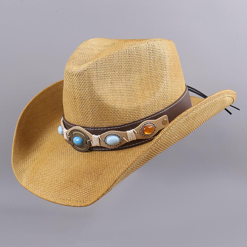 202602-2F040A Ins Chic Summer Western Cowboy Grass Belt Imitation Gemstone Fedoras Hat Outdoor Men Women Panama Jazz Cap