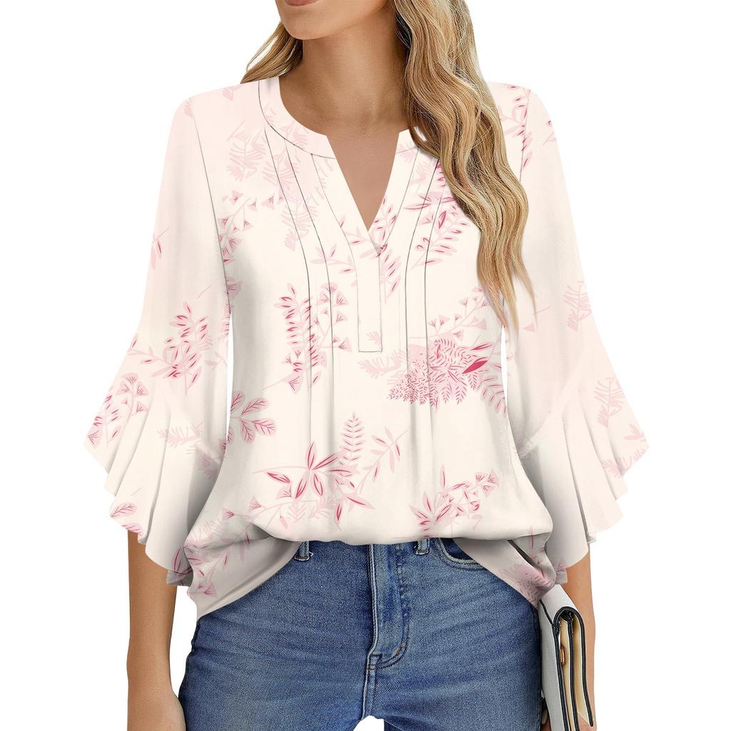 Dámská móda Ležérní plisované tričko s výstřihem do V, jednobarevné, tříčtvrteční rukáv, elegantní top