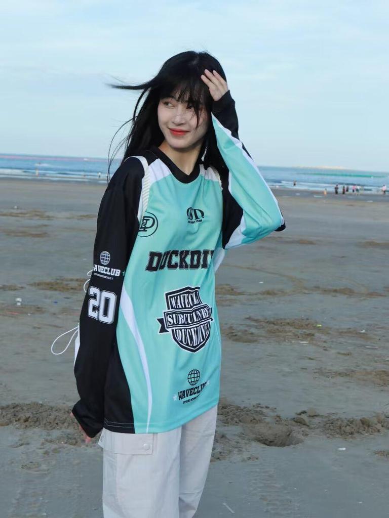 Dámský retro americký síťovaný dres s pouličním potiskem: Volný taneční top s dlouhým rukávem