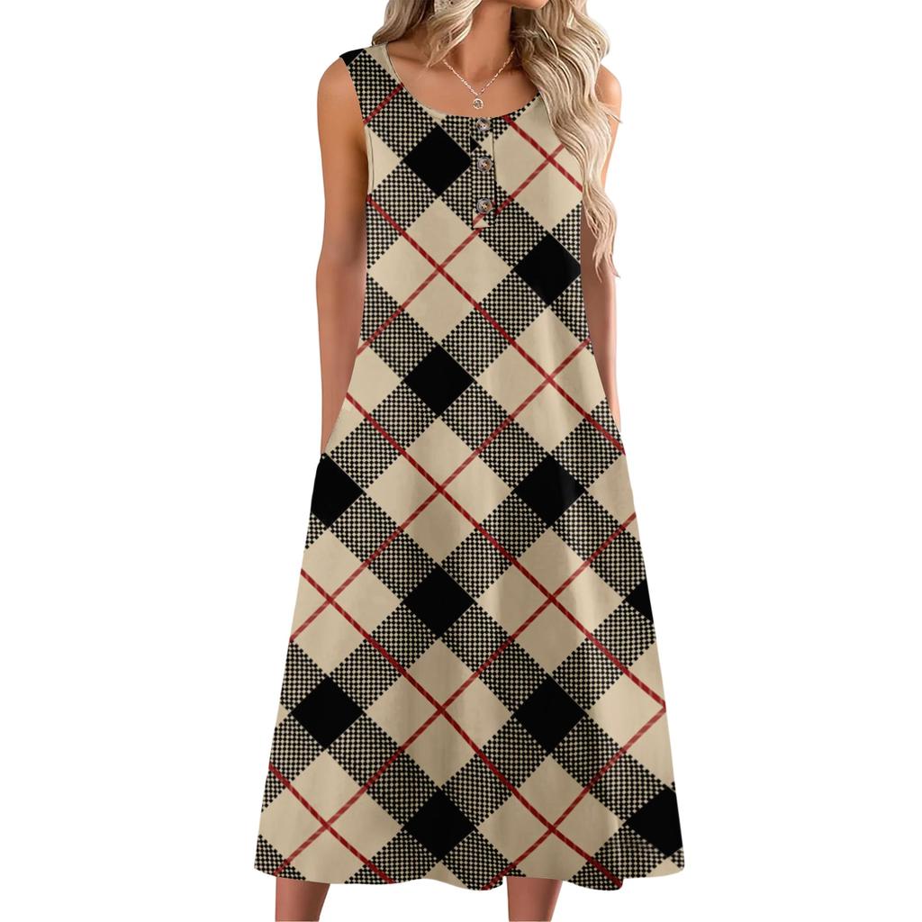 Women's Fashion Casual Sleeveless Button Plaid Print Dress with Pocket