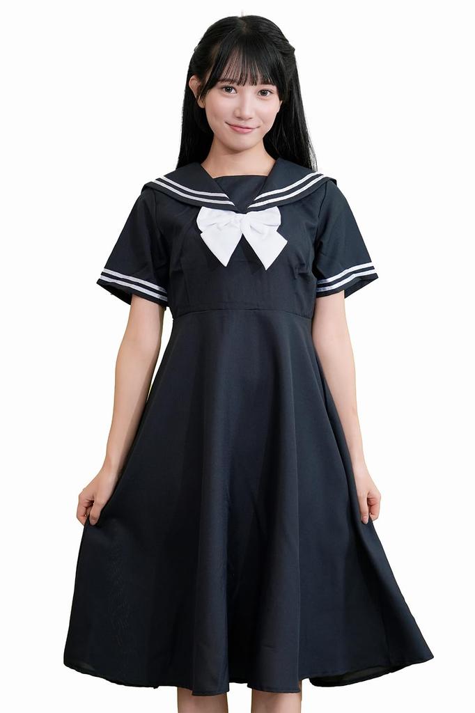 A&TCollection Kami Girls' School Elementary School Uniform, Navy Blue Sailor Suit, Size M, Women's Cosplay Costume