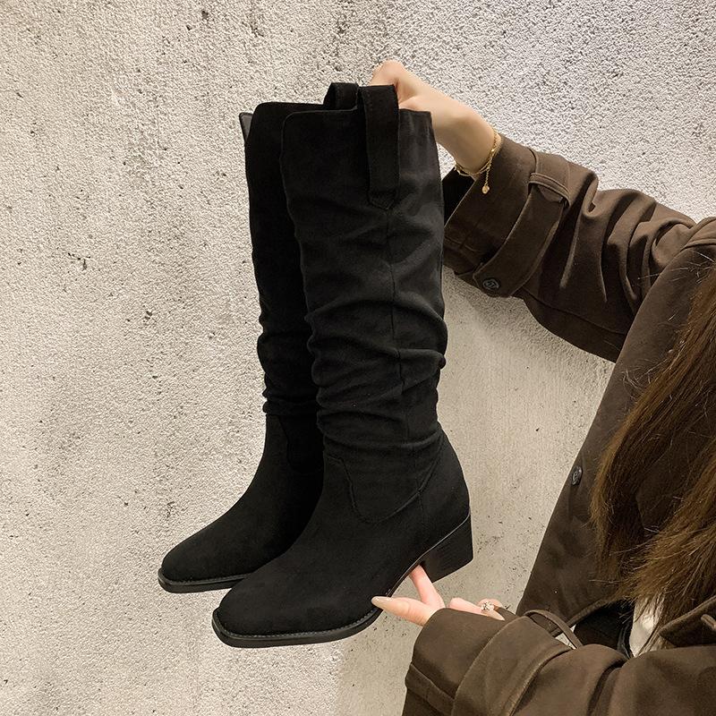 

Retro Skinny Western Pleated Knight Boots Women s New Autumn and Winter High Heel Thick Heel Knee Boots 40 чёрный