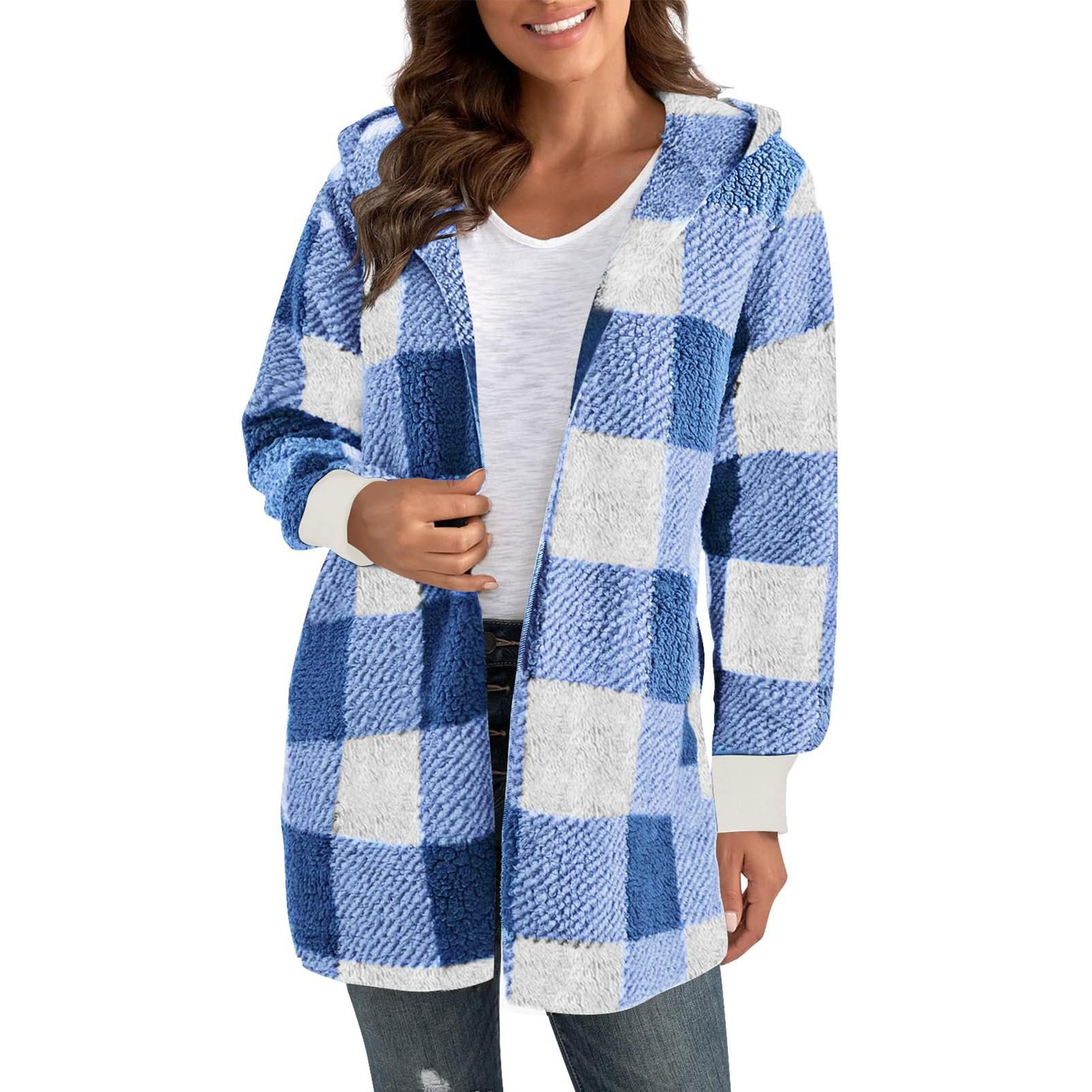 

Женские зимние пальто, теплые плюшевые куртки, открытый спереди, длинный рукав, кардиган, модная клетчатая пушистая верхняя одежда L синий