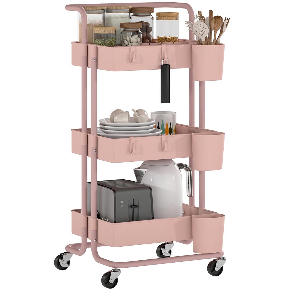 Serving Trolley, 3-Tier, 4 Hooks, 3 Removable Hanging Boxes, 42 x 38 x 86.5 cm, Pink