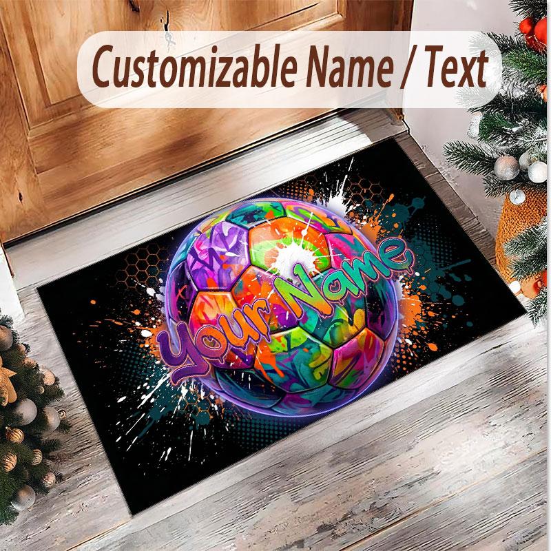 Soccer Theme Soft Crystal Velvet Rug Custom Name & Text Print Non Slip Floor Rug for Bedroom Living Room