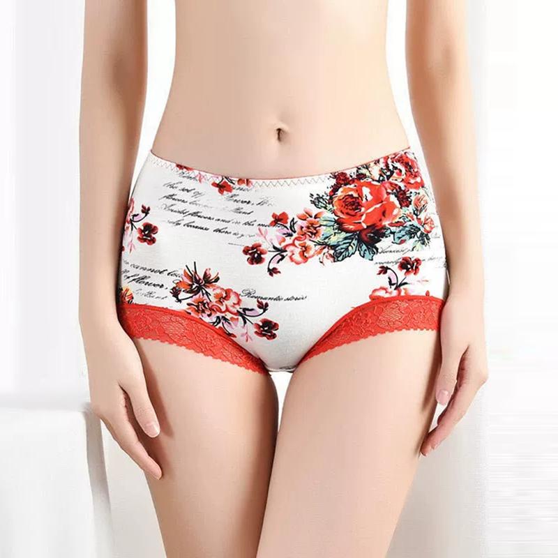 Women Floral Printed Lace High-waisted Briefs