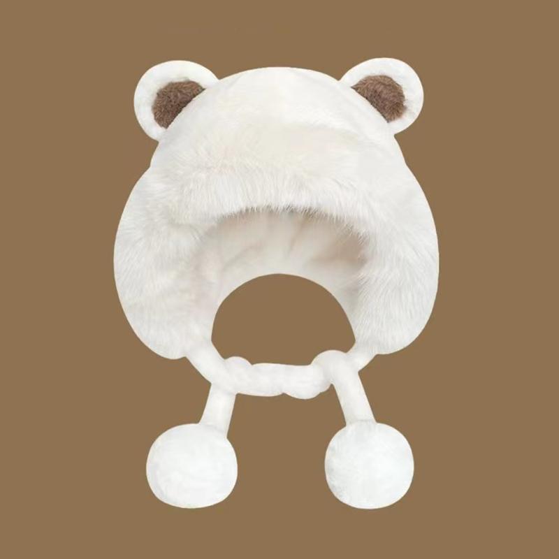 Bear Winter Hat Scarf Integrated Fleece Lined Ear Flaps Warm Knit Cap for Outdoor Riding Camping Unisex