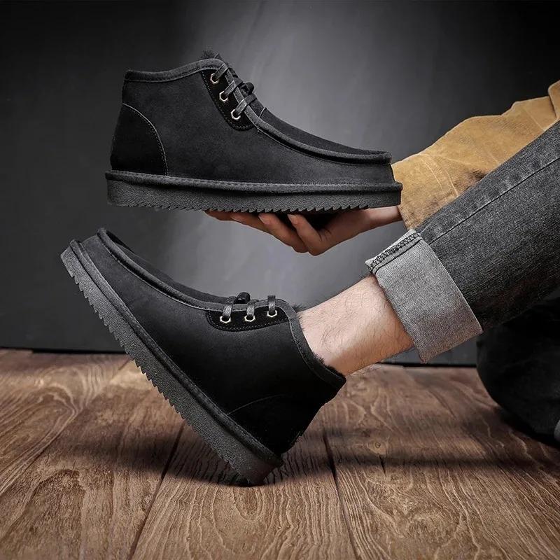 Mode Hiver Homme Bottines de Neige d'Extérieur Doublées de Véritable Peau de Mouton et Fourrure Naturelle Antidérapantes Bottines Cheville Chaussures Chaudes en Coton Classiques Rétro 38 noir