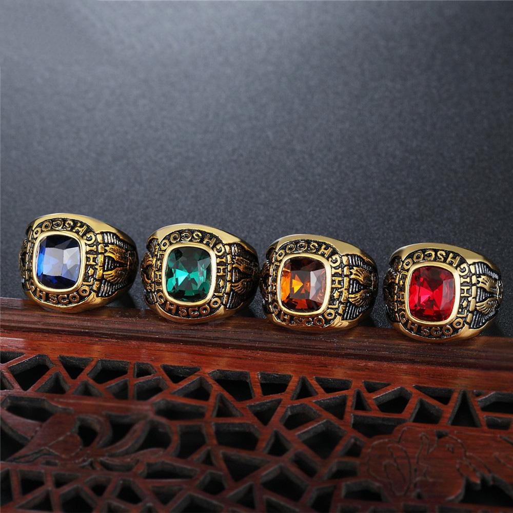 Punk Rock Titanium Steel HIGHSCOOL Eagle Navy Round Stone Rings for Men Charm Jewelry Drop Shipping Size 7-13