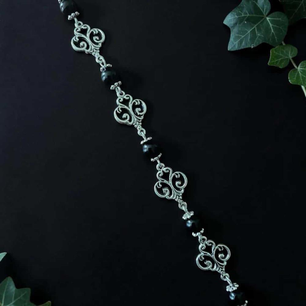 Punk Gothic Silver Color Hollowed Scrollwork Black Onyx Bracelets for Women Men Halloween Magic Street Fashion Styling Jewelry