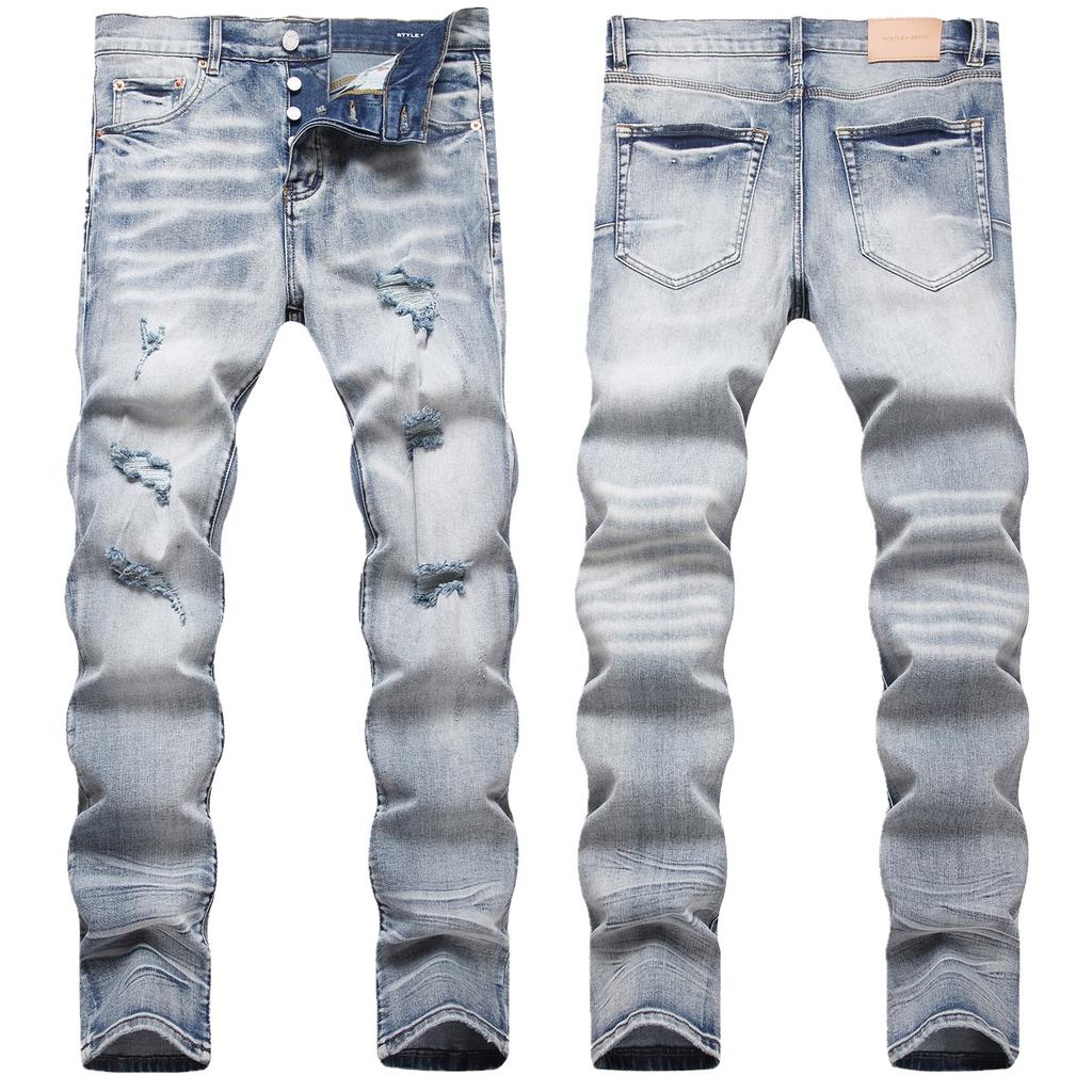 Cross Border Of PU Men's Cat Whiskers With Holes Slim Fit Small Feet Men's Streetwear Fashion Versatile Denim Long Pants