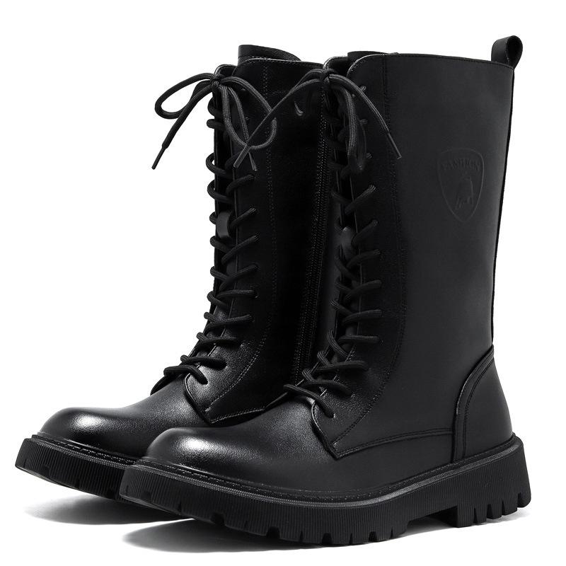 Tall Leather Boots Leather Martin Boots Men's British Casual Knight Boots Pull Wind Locomotive Boots Thick-soled Zipper Tooling Boots