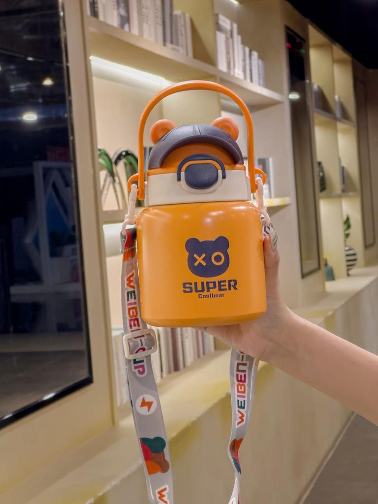 316 Stainless Steel thermos cup handle strap 600ML stainless steel straw children's straw water punk bear water cup male and female student cup