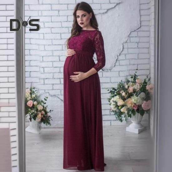 Těhotné ženy šaty s krajkou vyhloubená květinová výšivka s kulatým výstřihem, dlouhým rukávem, plisované maxi šaty na svatební párty rekvizita na focení