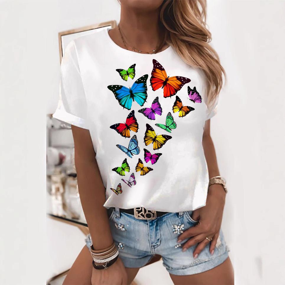 Summer Round Neck 3D Butterfly Print Top Fashionable Casual Short Sleeved Women's T-shirts