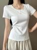 Hua Summer 2025 Women's U-Neck Cotton Slimming T-shirt - Casual Fit, Versatile White Short Sleeve Top
