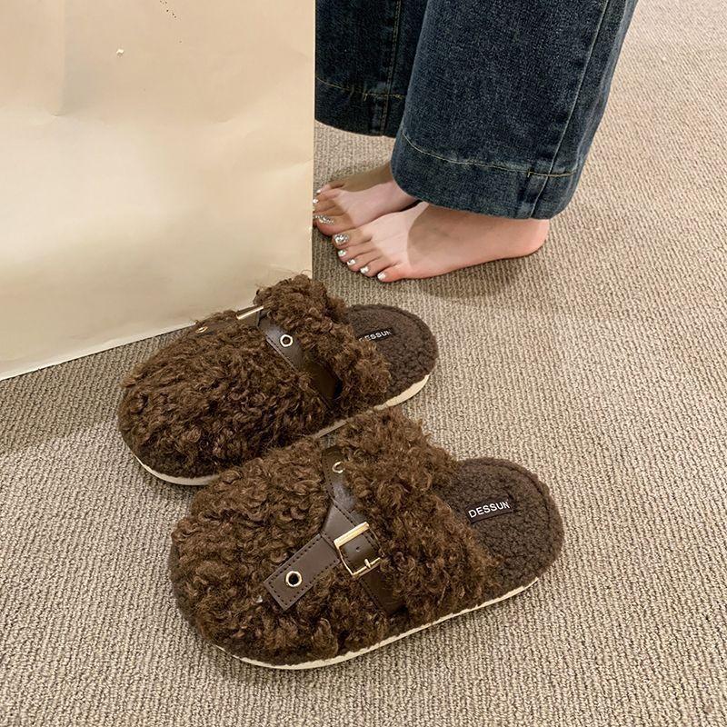 Internet Celebrity Bag Head Plush Cotton Slippers Women Wear Flat Bottom Non-slip Indoor and Outdoor Fluffy Slippers Women