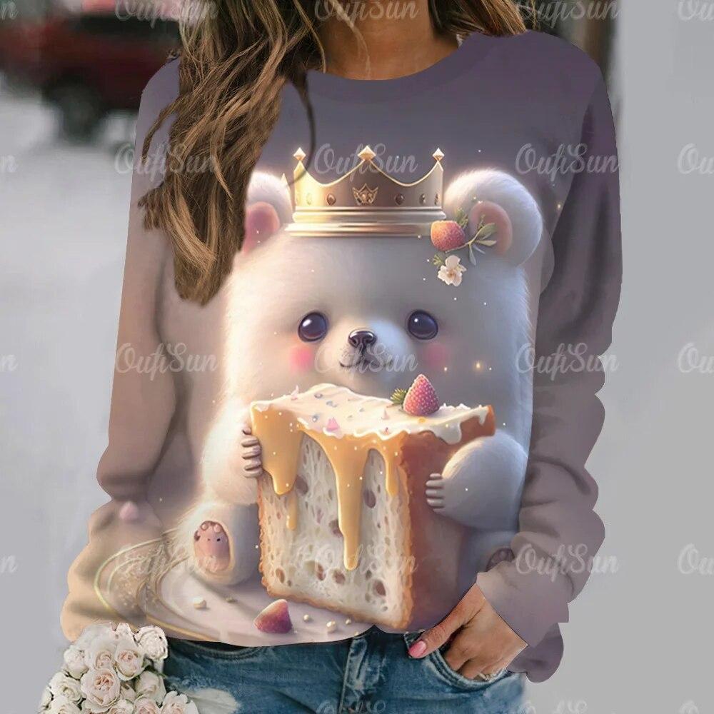 Cute Bear Women's Hoodie Casual O Neck Long Sleeve Pullover Tops 2024 New T-Shirt for Women Streetwear Fashion Women T Shirt Tee