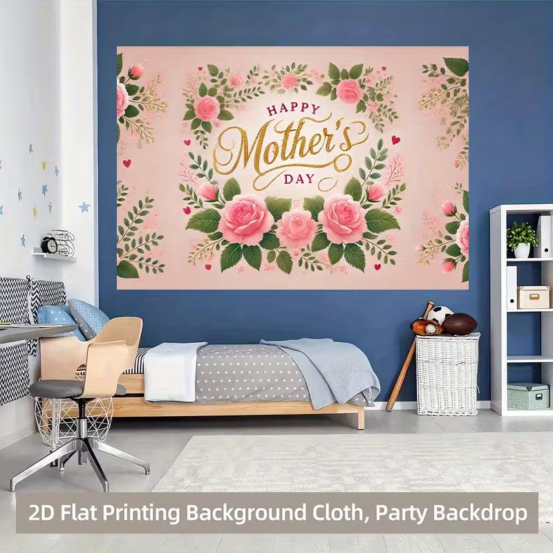 Elegant Mother's Day Backdrop, Soft Pink Rose Garland with Gold Script Text, Sweet Spring Party Wall Decor