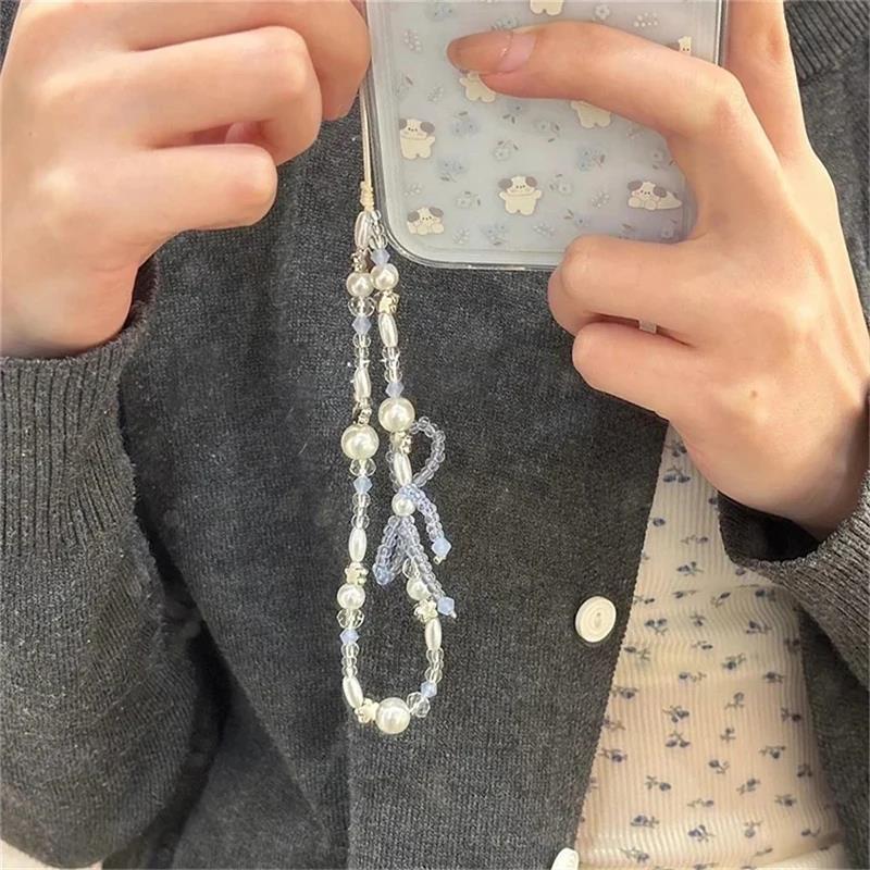 Korean Cute Bowknot Star Pearl Pendant Beaded Phone Charm For iPhone Accessrioes Universal Lanyard Girl Jewelry Hanging Rope 1