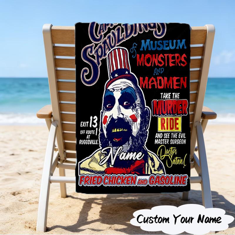1PC Custom Name Horror Clown Artwork Heart Beach Towel, Lightweight Quick-Dry for Man Woman, for Summer Travel, Swimming Pool Birthday Gift
