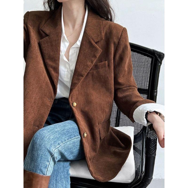 Autumn New Women Caramel Brown Corduroy Shoulder Blazers Popular Neapolitan High-Grade Small Suit