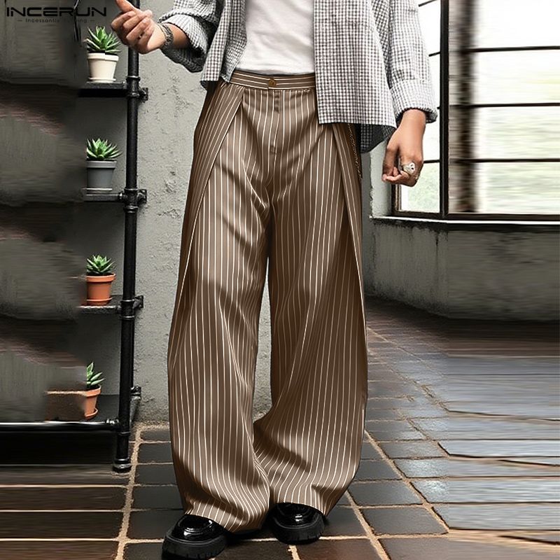 INCERUN Men Casual Zip-up Waist Striped Loose Layers Wide Legs Pants Long Trousers