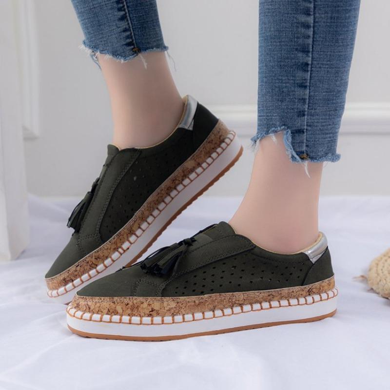Large size casual single shoes women's flat bottom hollow carved tassel lazy shoes regular