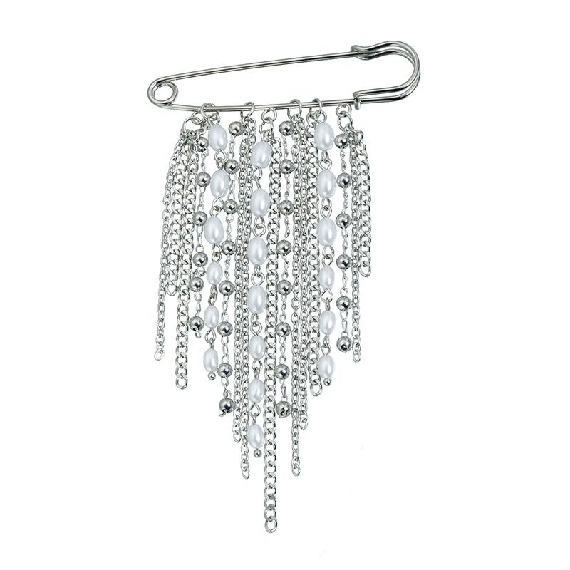 Hip Hop Trendy Imitation Pearl Tassel Chain Brooches For Men Women Waist-Shaping Fixed Pin Accessory Multi-Functional Jewelry