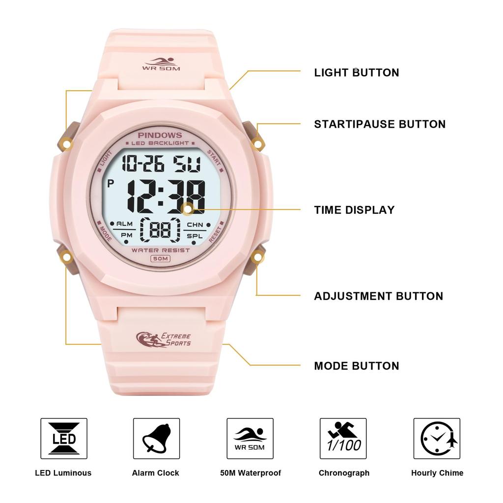 The PINDOWS Digital Sports Watch Is Water Resistant To 50 Meters and Features an LED Alarm and Makes a Perfect Gift for Women Women's Backlight,