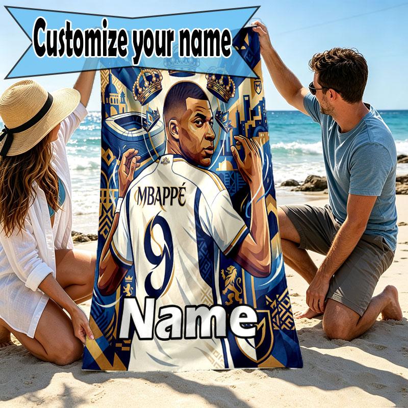 Personalisierbares Strandtuch mit Kylian Mbappe Aufdruck und individuellem Namen, für Reise Camping Strandparty Heimdekoration, Geburtstagsgeschenk für Familie & Freunde